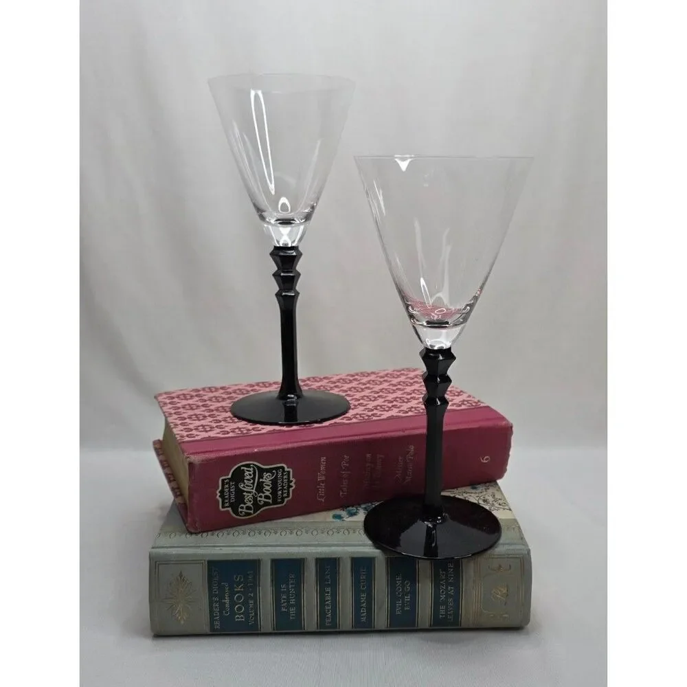 Vintage Sasaki Black Tie Crystal Martini Glasses | Pair | Black Geometric Stem